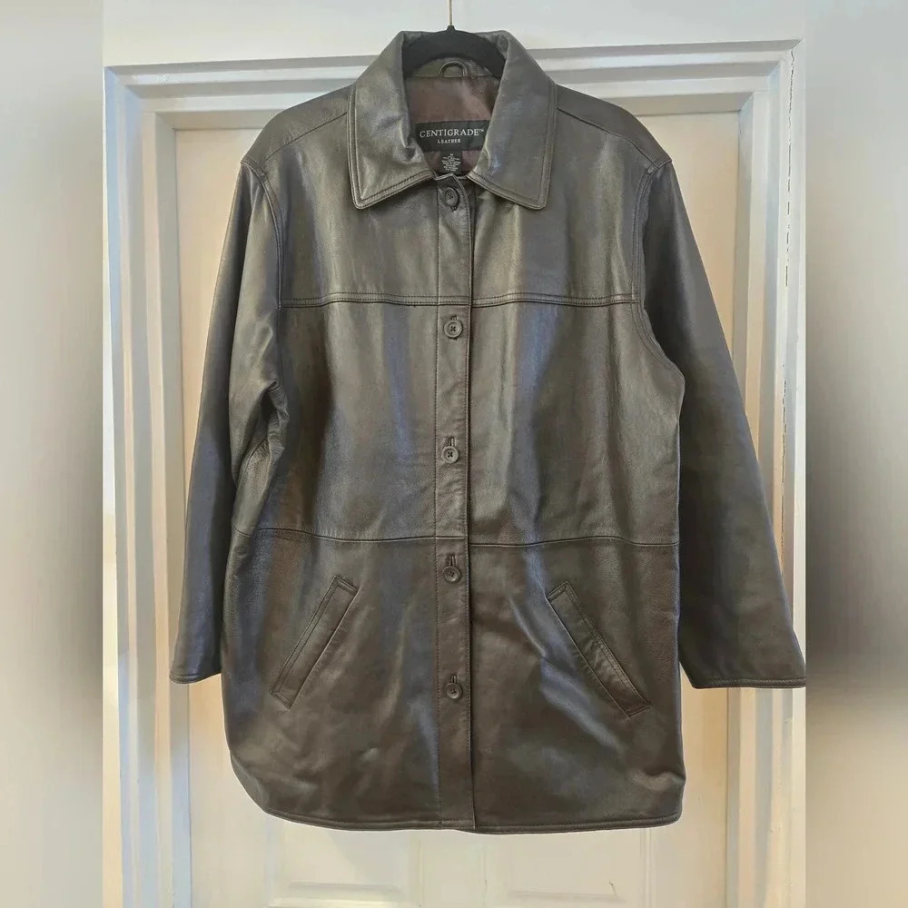 Vintage Centigrade Leather Button Down Shacket Shirt Jacket Brown Womens Size 1X